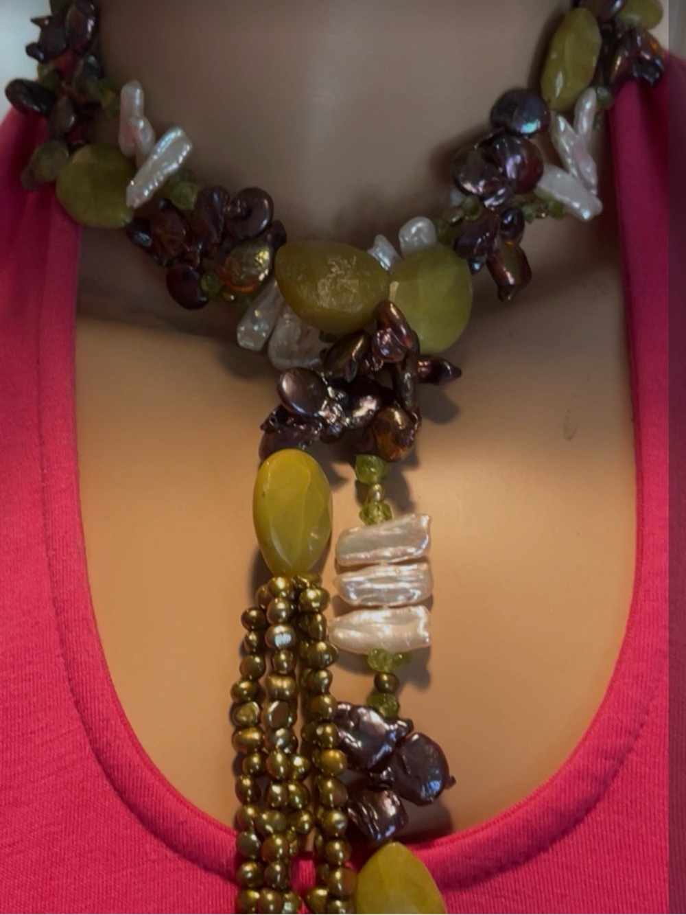 Stunning Handcrafted Green & Pearl Lariat Statement Necklace 48β- Women Jewelry